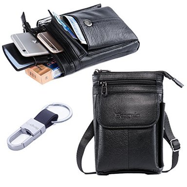 HWIN - FUNDA DE PIEL PARA MÓVIL CON CORREA PARA EL HOMBRO DESMONTABLE Y LLAVERO HWIN COLOR NEGRO