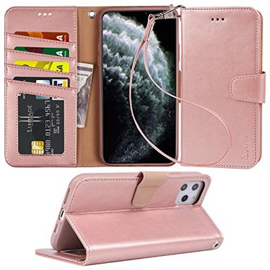 ARAE - FUNDA TIPO CARTERA PARA IPHONE 11 PRO MAX (PIEL SINTÉTICA FUNCIÓN ATRIL CORREA PARA LA MUÑECA Y 4 RANURAS PARA TARJETA