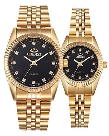 RELOJ GLOBAL SHOPEX UNISEX PAREJASUIZOS ORO CUARZO ACERO INOXIDABLE IMPERMEABLE