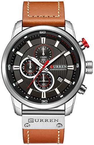 RELOJ GLOBAL SHOPEX HOMBRE ANÁLOGO CLÁSICO CASUAL CRONÓGRAFO FECHA MARRÓN CUERO ACERO INOXIDABLE IMPERMEABLE CUARZO