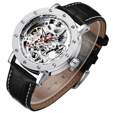 RELOJ GLOBAL SHOPEX HOMBRE AUTOMÁTICO MECÁNICO ESQUELETO STEAMPUNK NÚMEROS ROMANOS NEGRO ACERO INOXIDABLE