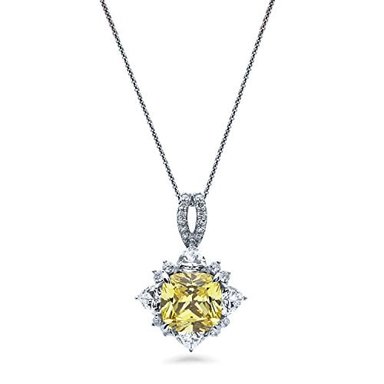 COLLAR BERRICLE N1288-01 PLATA DE LEY CHAPADO CUSHION CUT AMARILLO CIRCONIO CÚBICO CZ HALO 18' COLGANTE FLOR