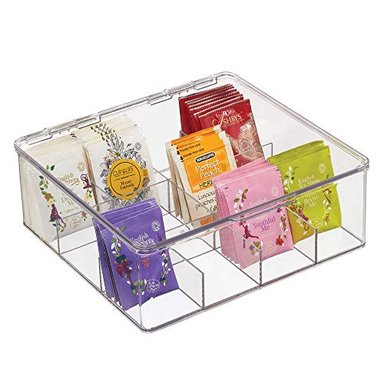 MDESIGN TEA STORAGE ORGANIZER BOX 12 DIVIDED SECTIONS EASY-VIEW HINGED LID USE IN KITCHEN PANTRY AND CABINETS HOLDER