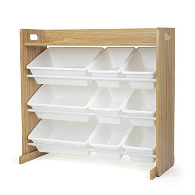 HUMBLE CREW ORGANIZADOR DE JUGUETES DE MADERA NATURAL/BLANCO CON ESTANTE Y 9 CUBOS DE ALMACENAMIENTO
