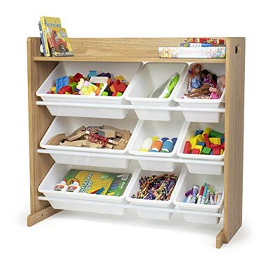 HUMBLE CREW ORGANIZADOR DE JUGUETES DE MADERA NATURAL/BLANCO CON ESTANTE Y 9 CUBOS DE ALMACENAMIENTO - 2