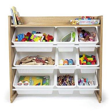 HUMBLE CREW ORGANIZADOR DE JUGUETES DE MADERA NATURAL/BLANCO CON ESTANTE Y 9 CUBOS DE ALMACENAMIENTO - 4