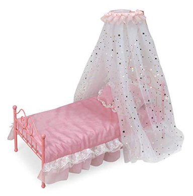 CANASTA DE TEJÓN CON LUCES DE ESTRELLAS CON TOLDO ILUMINADO LED CAMA DE MUÑECA DE METAL CON ROPA DE CAMA