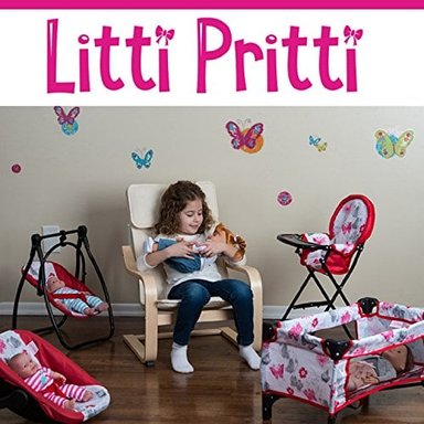 LITTI PRITTI JUEGO DE 4 ACCESORIOS PARA MUÑECAS BEBÉ. INCLUYE COLUMPIO SILLA ALTA CUNA Y PORTABEBÉ. ESTOS ACCESORIOS