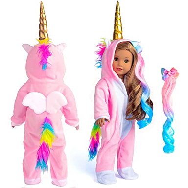 DULCE DOLLY ROPA DE MUÑECA UNICORNIO TRAJE MONO PIJAMAS COLOR ARCO ARCO CLIPS PARA 18' MUÑECA AMERICANA