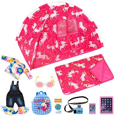 ECORE FUN 9 ITEMS AMERICAN 18 INCH GIRL UNICORN DOLLS CAMPING TENT SET AND ACCESSORIES INCLUDING 18 INCH DOLL TENT DOLL