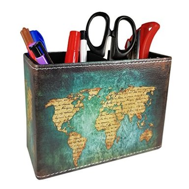 DREAMSEDEN - ORGANIZADOR DE ESCRITORIO CON DISEÑO RETRO PARA OFICINA O DORMITORIO (AZUL DEL MAPA DEL MUNDO)