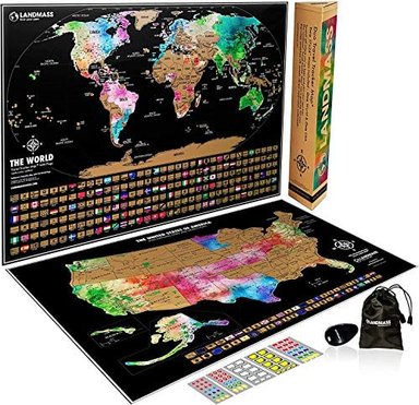 PÓSTER DE MAPA DEL MUNDO DE LANDMASS SCRATCH OFF MAP + MAPA RASCADOR DE ESTADOS UNIDOS DOS MAPAS DE SEGUIMIENTO DE VIA
