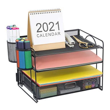 MARBRASSE ORGANIZADOR DE ARCHIVOS DE ESCRITORIO CON 4 BANDEJAS CON SOPORTE PARA BOLÍGRAFO BANDEJA DE PAPEL CON CAJÓN