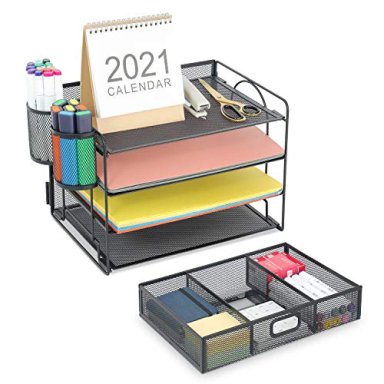 MARBRASSE ORGANIZADOR DE ARCHIVOS DE ESCRITORIO CON 4 BANDEJAS CON SOPORTE PARA BOLÍGRAFO BANDEJA DE PAPEL CON CAJÓN - 2