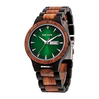 COLLAR GLOBAL SHOPEX NSC-78-L19 MII YEW RELOJ MADERA HOMBRE LIGERO ANALÓGICO CUARZO HECHO A MANO ESFERA VERDE CON FECHA