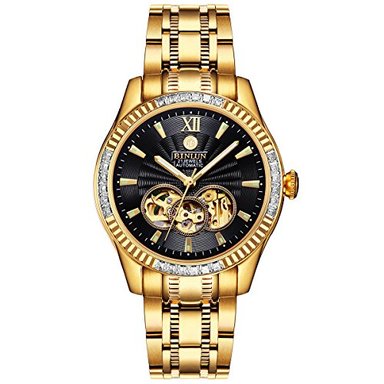 RELOJ BINLUN HOMBRE AUTOMÁTICO CHAPADO ORO 18 QUILATES ESQUELETO LUJO LUMINOSO RESISTENTE AL AGUA