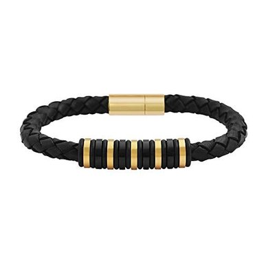 GEOFFREY BEENE - PULSERA DE PIEL TRENZADA PARA HOMBRE CON ADORNOS DE GOMA DE ACERO INOXIDABLE