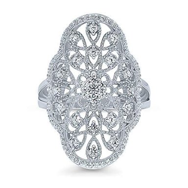 BERRICLE ANILLO DE PLATA DE LEY CHAPADA EN RODIO CIRCONITA CÚBICA DISEÑO DE FLORES ESTILO ART DECO CON FILIGRANA CÓCTEL - 2
