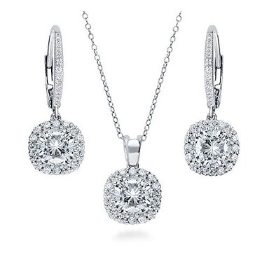 BERRICLE CHAPADO EN PLATA DE LEY CUSHION CUT CIRCONIO CÚBICO CZ HALO COLLAR Y ARETES SET