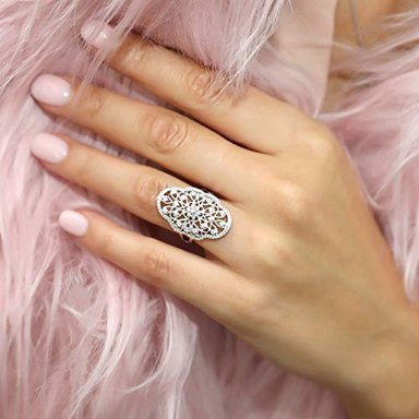 ANILLO BERRICLE PLATA DE LEY CHAPADA RODIO CIRCONITA CÚBICA DISEÑO FLORES ESTILO ART DECO CON FILIGRANA CÓCTEL - 5