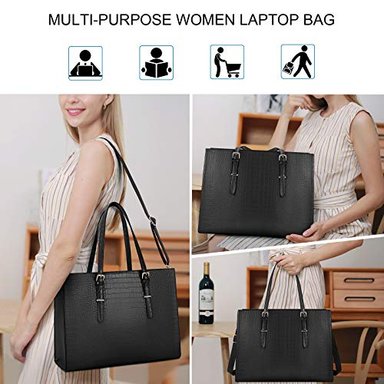 BOLSO PARA COMPUTADORA PORTÁTIL DE 15.6' BOLSO DE CUERO IMPERMEABLE PARA MUJERES DE GRAN CAPACIDAD NEGRO - 6