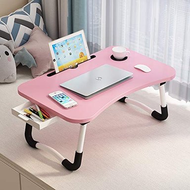 MESA PORTÁTIL PARA LAPTOP CON CAJÓN DE ALMACENAMIENTO PORTA-TAZA Y ESPACIO PARA TELÉFONO PLEGABLE DE 23.6'