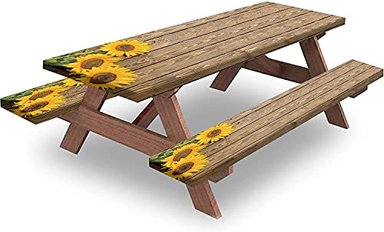 MANTEL RECTANGULAR OUSENTE ESTAMPADO TRES GIRASOLES SOBRE EL FONDO DE MADERA MANTEL AJUS 3 PIEZAS