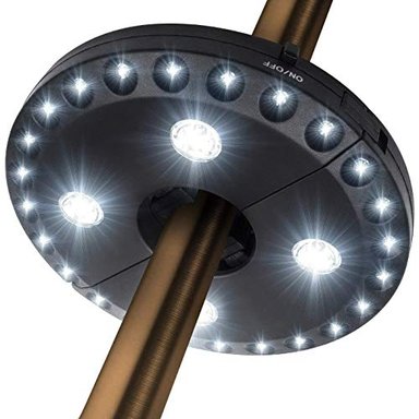 PARASOL DE SOMBRILLA PARA PATIO LUCES 3EN MODO BRILLO E INALÁMBRICO 28 LUCESLED EN 220LUX. 4X AA BATERÍAS DE FUNCIÓN SOM