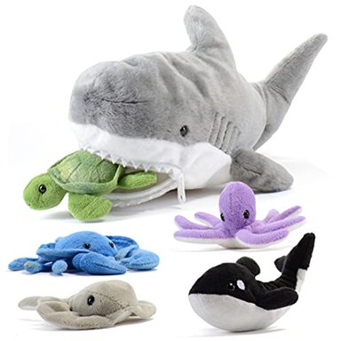 PELUCHE DE TIBURÓN PREXTEX DE DE 15' CON 5 ANIMALES DE MAR SUAVES INCLUYE PULPO CANGREJO TORTUGA RAYA