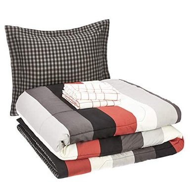 JUEGO DE ROPA DE CAMA AMAZON BASICS DE MICROFIBRA LIGERA PARA CAMA EN UNA BOLSA 5 PIEZAS TAMAÑO INDIVIDUAL COLOR ROJO