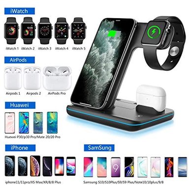 WAITIEE - CARGADOR INALÁMBRICO 3 EN 1 ESTACIÓN DE CARGA RÁPIDA DE 15 W PARA APPLE IWATCH SE/6/5/4/3/2/1 AIRPODS - 2