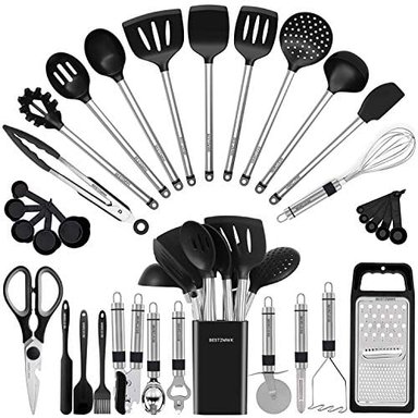 JUEGO DE UTENSILIOS COCINA DE ACERO INOXIDABLE SILICONA BESTZMWK EN NEGRO