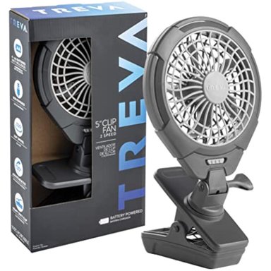 TREVA - VENTILADOR DE VIAJE DE 5 PULGADAS CON BATERÍA DE DOS VELOCIDADES Y ALIMENTACIÓN USB