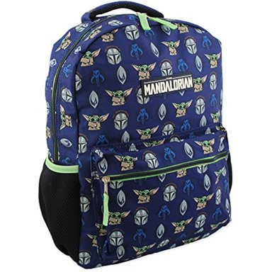 DISNEY STAR WARS MANDALORIAN BABY YODA - MOCHILA ESCOLAR DE 16 PULGADAS PARA NIÑO Y NIÑA AZUL/VERDE