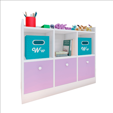 ORGANIZADOR COMODA JUGUETERO MONTESSORI WONDER WOOD MUEBLERIA DE 3 COMPARTIMIENTOS Y 3 CAJONES MELAMINA BLANCA/LILA