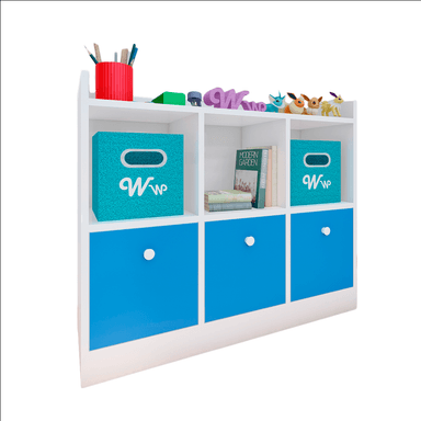 ORGANIZADOR WONDER WOOD MUEBLERÍA COMODA JUGUETERO MONTESSORI 3 COMPARTIMIENTOS Y 3 CAJONES MELAMINA BLANCA AZUL