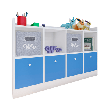 ORGANIZADOR WONDER WOOD MUEBLERÍA COMODA JUGUETERO MONTESSORI 4 COMPARTIMIENTOS Y 4 CAJONES MELAMINA BLANCA AZUL