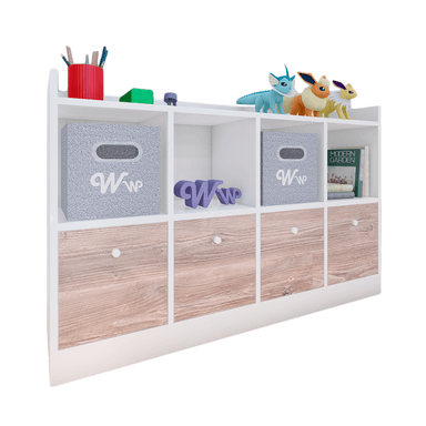 ORGANIZADOR WONDER WOOD MUEBLERÍA COMODA JUGUETERO MONTESSORI 4 COMPARTIMIENTOS Y 4 CAJONES MELAMINA /DAMASCO BLANCO