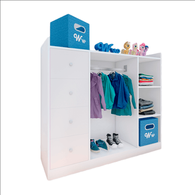 CLÓSET WONDER WOOD MUEBLERÍA ORGANIZADOR MONTESSORI 3 COMPARTIMIENTOS Y 4 CAJONES MELAMINA NIÑOS Y NIÑAS BLANCO