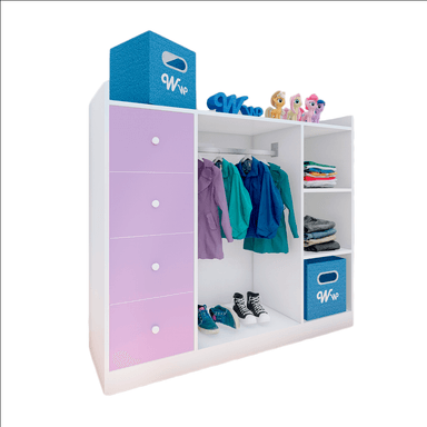 CLÓSET WONDER WOOD MUEBLERÍA ORGANIZADOR MONTESSORI 3 COMPARTIMIENTOS Y 4 CAJONES MELAMINA /LILA NIÑOS Y NIÑAS BLANCO