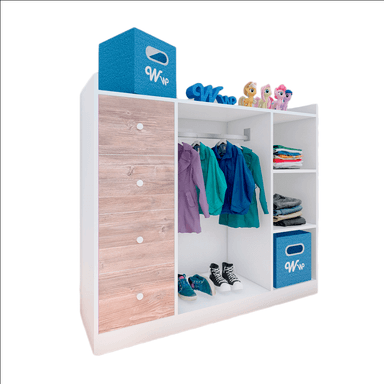 CLÓSET WONDER WOOD MUEBLERÍA ORGANIZADOR MONTESSORI 3 COMPARTIMIENTOS Y 4 CAJONES MELAMINA /DAMASCO NIÑOS Y NIÑAS BLANCO