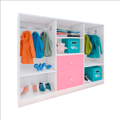 CLÓSET WONDER WOOD MUEBLERÍA ORGANIZADOR MONTESSORI 4 COMPARTIMIENTOS Y 2 CAJONES MELAMINA /ROSA NIÑOS Y NIÑAS BLANCO