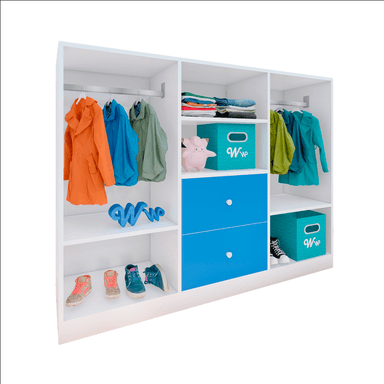 CLÓSET WONDER WOOD MUEBLERÍA ORGANIZADOR MONTESSORI 4 COMPARTIMIENTOS Y 2 CAJONES MELAMINA NIÑOS Y NIÑAS BLANCA AZUL