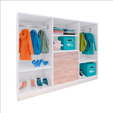 CLÓSET WONDER WOOD MUEBLERÍA ORGANIZADOR MONTESSORI 4 COMPARTIMIENTOS Y 2 CAJONES MELAMINA /DAMASCO NIÑOS Y NIÑAS BLANCO