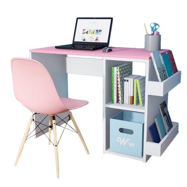 ESCRITORIO WONDER WOOD MUEBLERÍA BLANCO/ROSADO HARVEY CON 2 COMPARTIMIENTOS Y 2 PORTALIBROS + SILLA