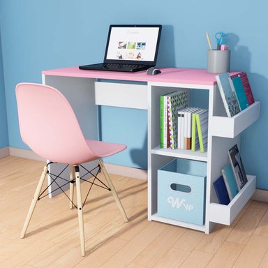 ESCRITORIO WONDER WOOD MUEBLERÍA BLANCO/ROSADO HARVEY CON 2 COMPARTIMIENTOS Y 2 PORTALIBROS + SILLA - 2