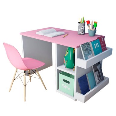 ESCRITORIO WONDER WOOD MUEBLERÍA ROSADO + SILLA CON 2 COMPARTIMIENTOS Y 2 PORTACUENTOS PARA NIÑOS