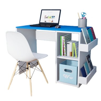 ESCRITORIO WONDER WOOD MUEBLERÍA BLANCO/AZUL HARVEY CON 2 COMPARTIMIENTOS Y 2 PORTALIBROS + SILLA