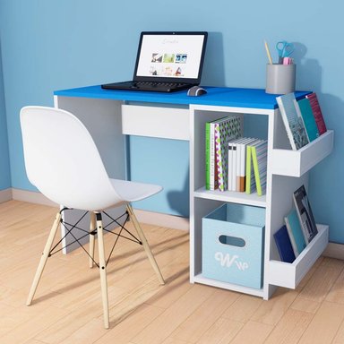 ESCRITORIO WONDER WOOD MUEBLERÍA BLANCO/AZUL HARVEY CON 2 COMPARTIMIENTOS Y 2 PORTALIBROS + SILLA - 2