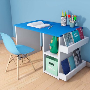 ESCRITORIO WONDER WOOD MUEBLERÍA + SILLA CON 2 COMPARTIMIENTOS Y 2 PORTACUENTOS AZUL PARA NIÑOS - 2